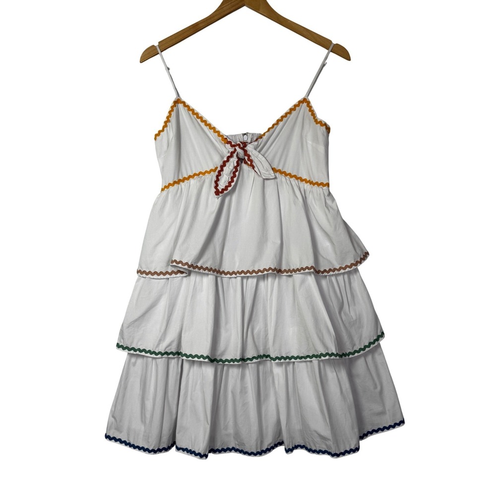 English Factory Womens Small White Ric Rac Tiered Mini Dress Smocked Cottagecore